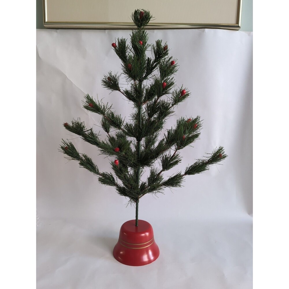 VTG Bottle Brush Faux FEATHER CHRISTMAS TREE RED BERRIES PLASTIC STAND
